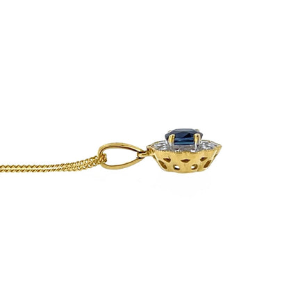 18ct Gold Sapphire & Diamond Milgrain Set Cluster Pendant Necklace