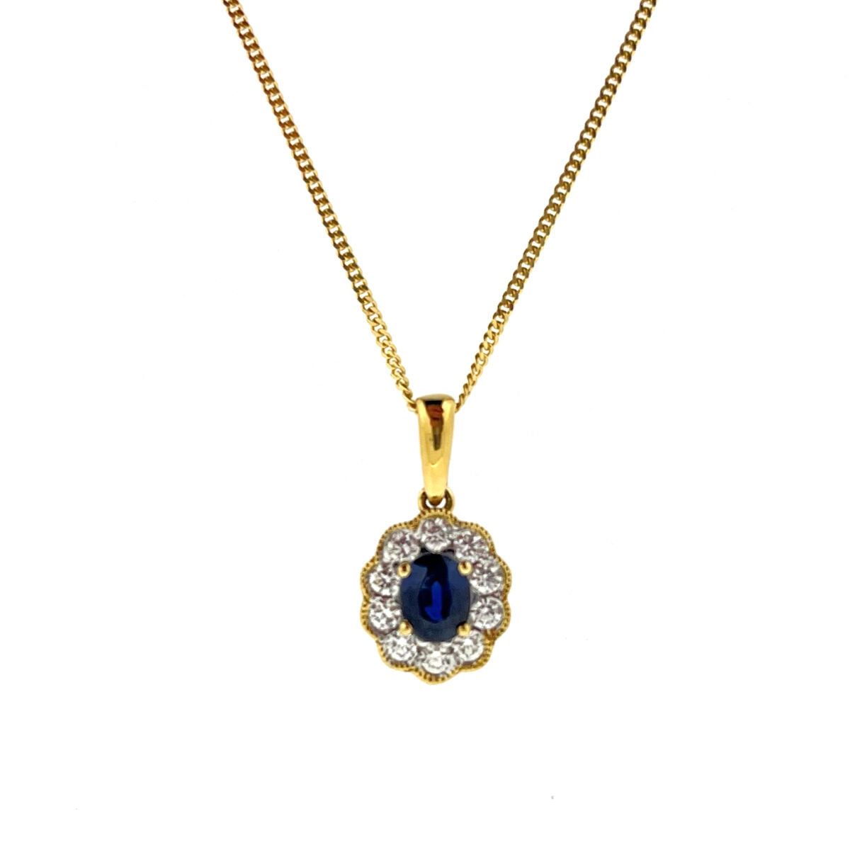 18ct Gold Sapphire & Diamond Milgrain Set Cluster Pendant Necklace