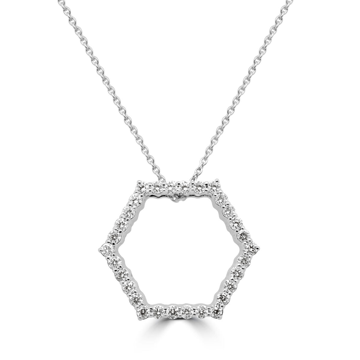 18ct White Gold Diamond Set Openwork Hexagon Honeycomb Pendant Necklace