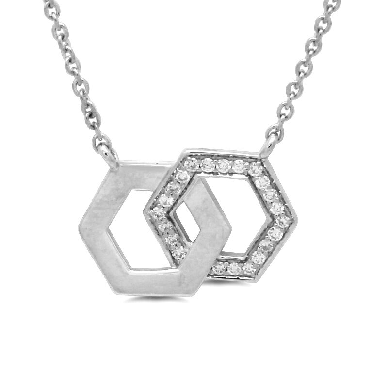 18ct White Gold Diamond Set Openwork Twin Hexagon Honeycomb Pendant Necklace