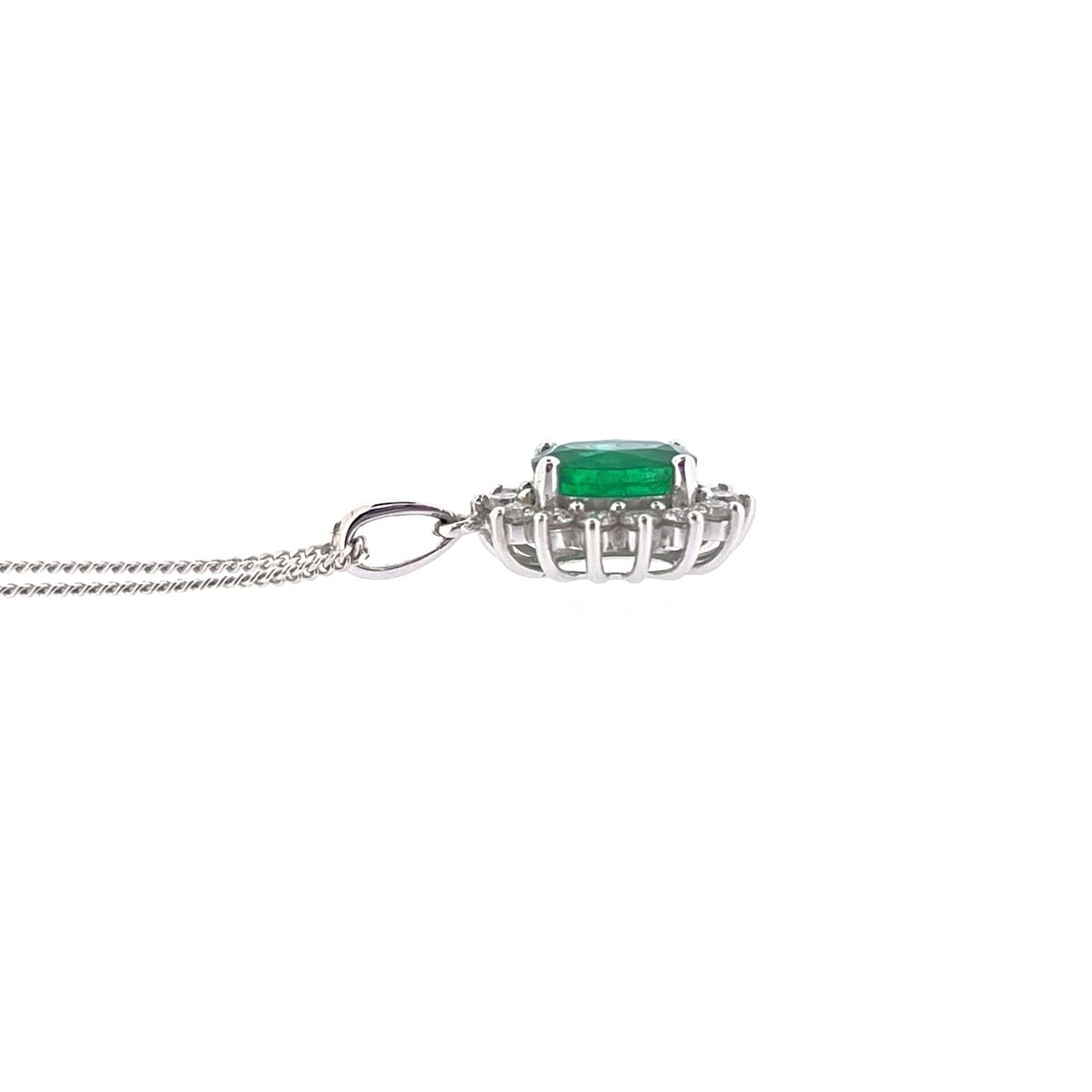 18ct White Gold Oval Emerald & Diamond Set Cluster Pendant Necklace