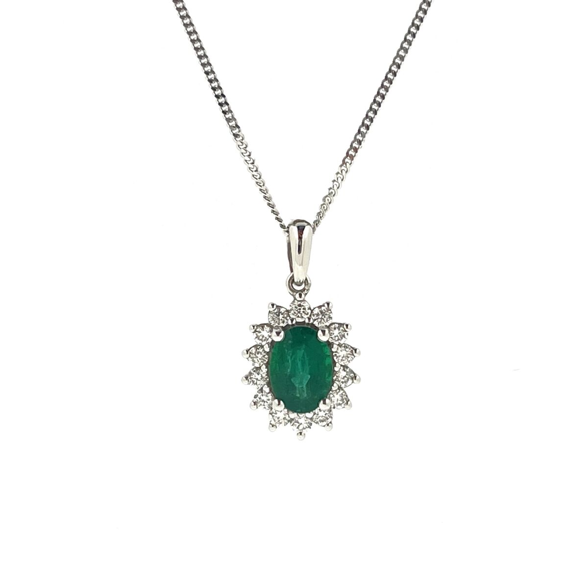 18ct White Gold Oval Emerald & Diamond Set Cluster Pendant Necklace