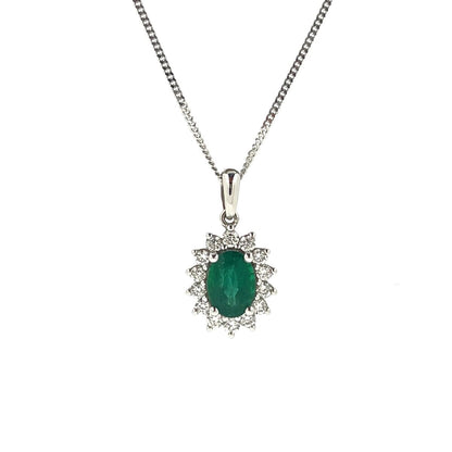 18ct White Gold Oval Emerald & Diamond Set Cluster Pendant Necklace