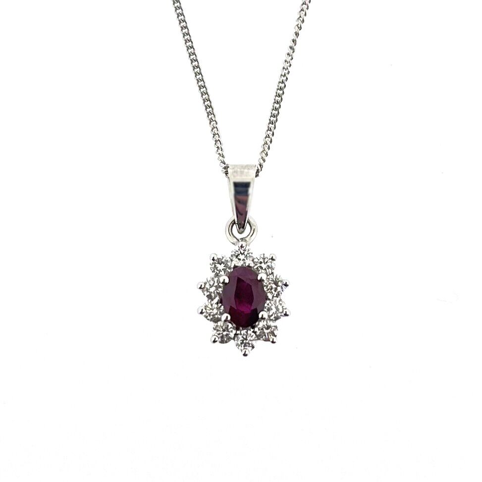 18ct White Gold Oval Ruby & Diamond Set Cluster Pendant Necklace