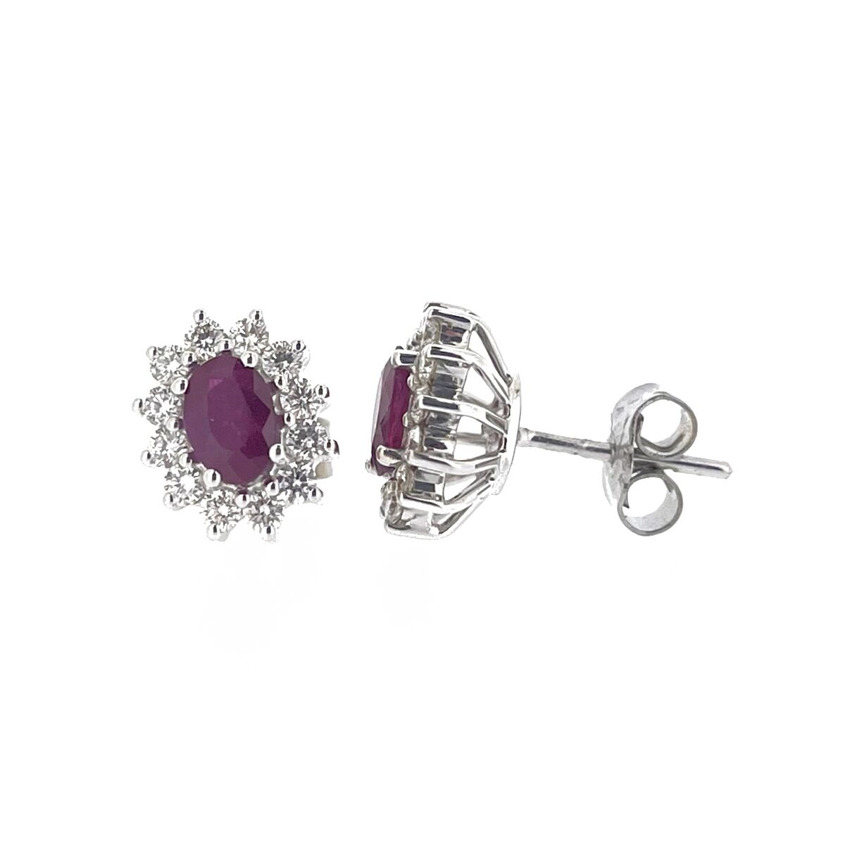 18ct White Gold Oval Ruby & Diamond Set Cluster Stud Earrings