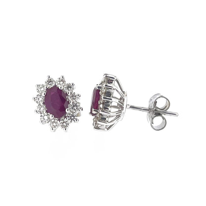 18ct White Gold Oval Ruby & Diamond Set Cluster Stud Earrings