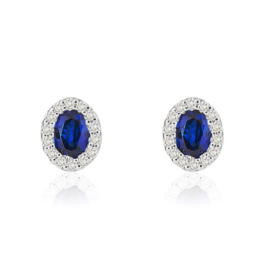 18ct White Gold Oval Sapphire & Diamond Set Cluster Stud Earrings
