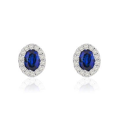 18ct White Gold Oval Sapphire & Diamond Set Cluster Stud Earrings