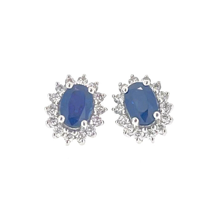 18ct White Gold Oval Sapphire & Diamond Set Cluster Stud Earrings