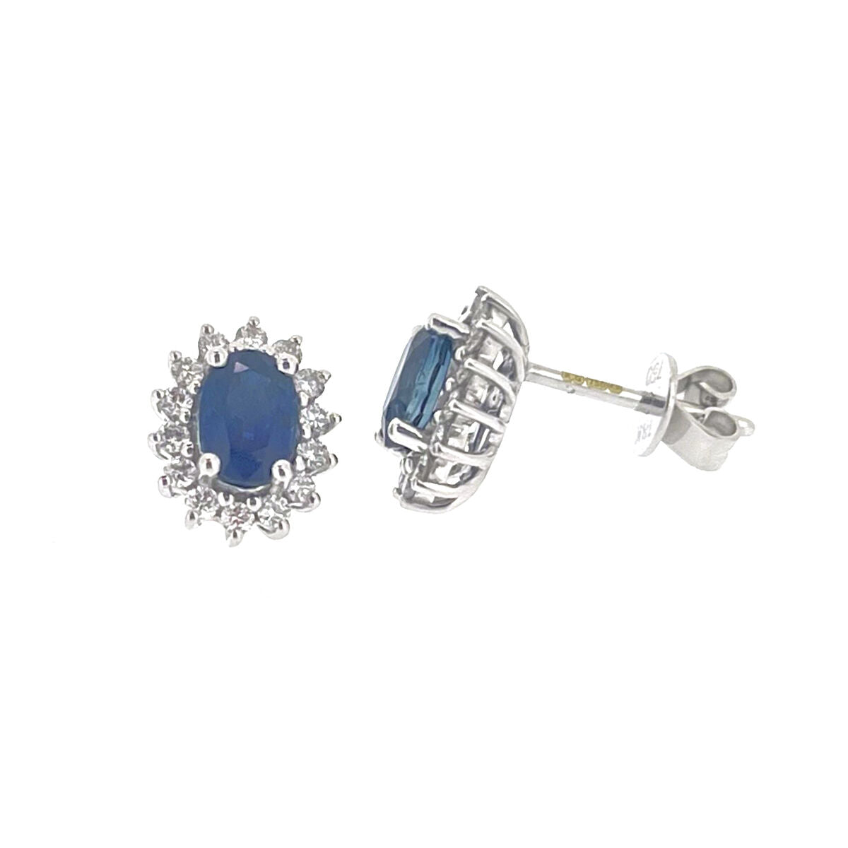 18ct White Gold Oval Sapphire & Diamond Set Cluster Stud Earrings