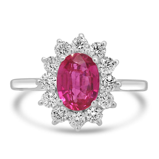 18ct White Gold Oval Pink Sapphire & Diamond Set Cluster Ring