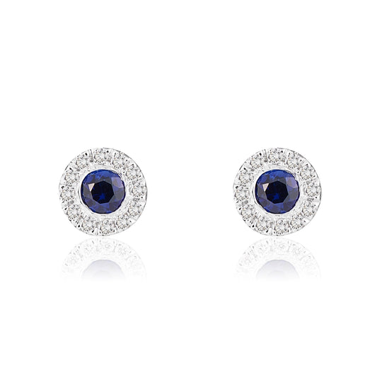 18ct White Gold Round Sapphire & Diamond Set Cluster Stud Earrings