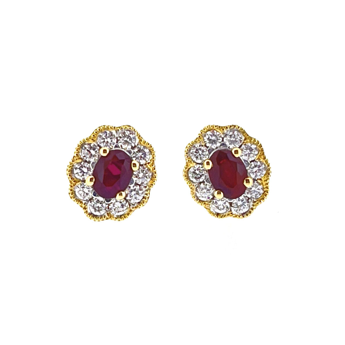 18ct Gold Oval Ruby & Diamond Set Cluster Stud Earrings