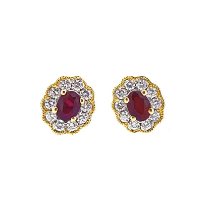 18ct Gold Oval Ruby & Diamond Set Cluster Stud Earrings