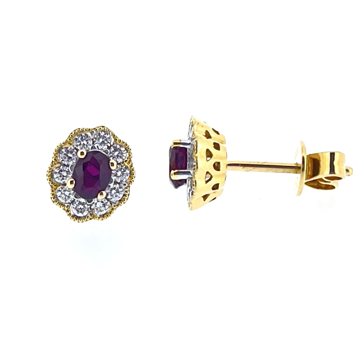 18ct Gold Oval Ruby & Diamond Set Cluster Stud Earrings