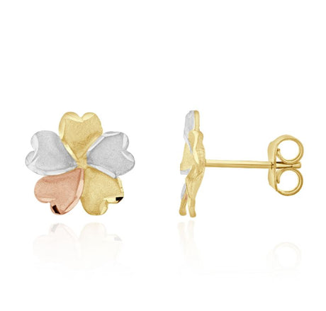 9ct 3 Colour Gold Matt & Polished Flower Design Stud Earrings (12mm)