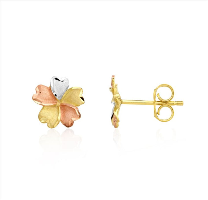 9ct 3 Colour Gold Matt & Polished Flower Design Stud Earrings (9mm)