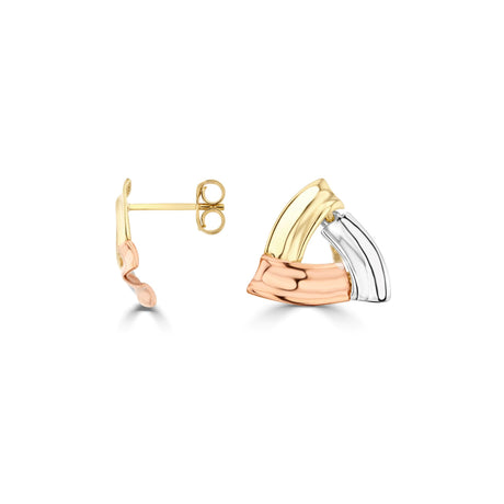 9ct 3 Colour Gold Polished Triangular Ribbed Stud Earrings