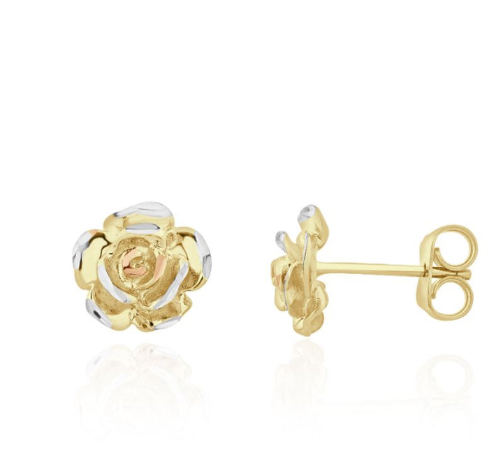 9ct 3 Colour Gold Rose Design Stud Earrings