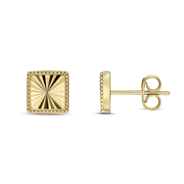 9ct Gold Diamond Cut Beaded Edge Square Stud Earrings