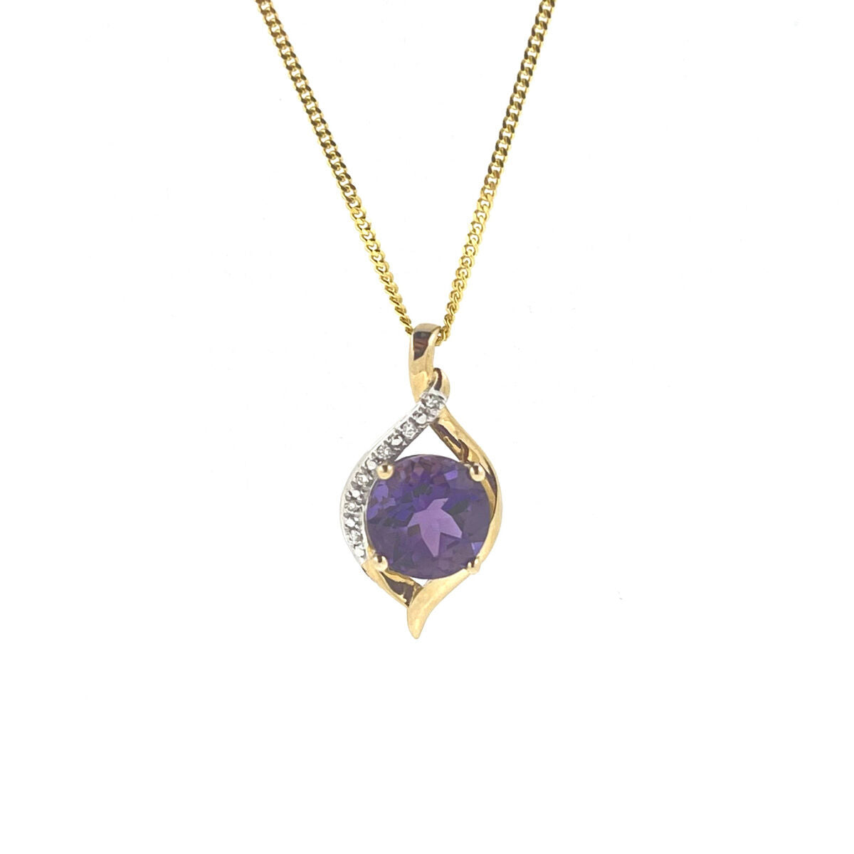 9ct Gold Amethyst & Diamond Set Ribbon style Pendant Necklace