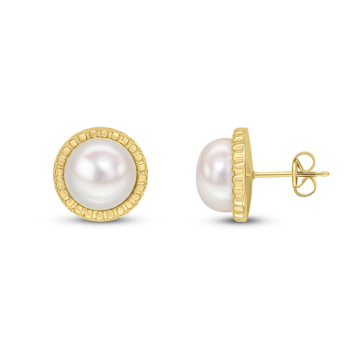 9ct Gold Button Pearl & Textured Surround Stud Earrings