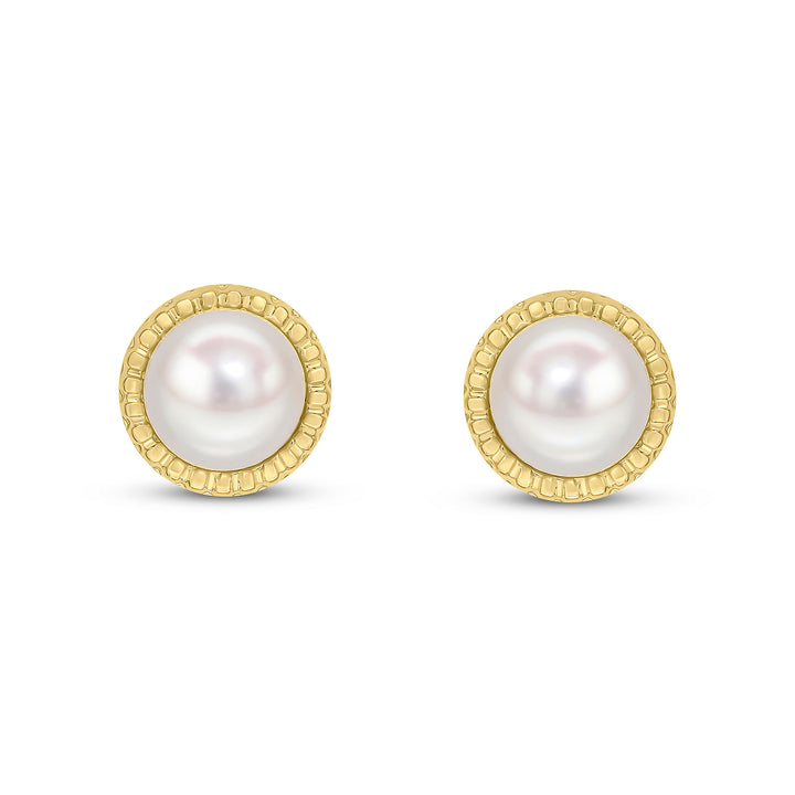 9ct Gold Button Pearl & Textured Surround Stud Earrings