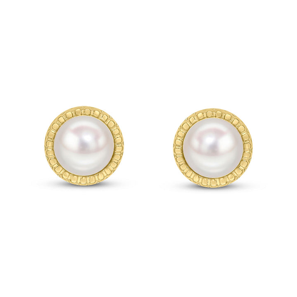 9ct Gold Button Pearl & Textured Surround Stud Earrings