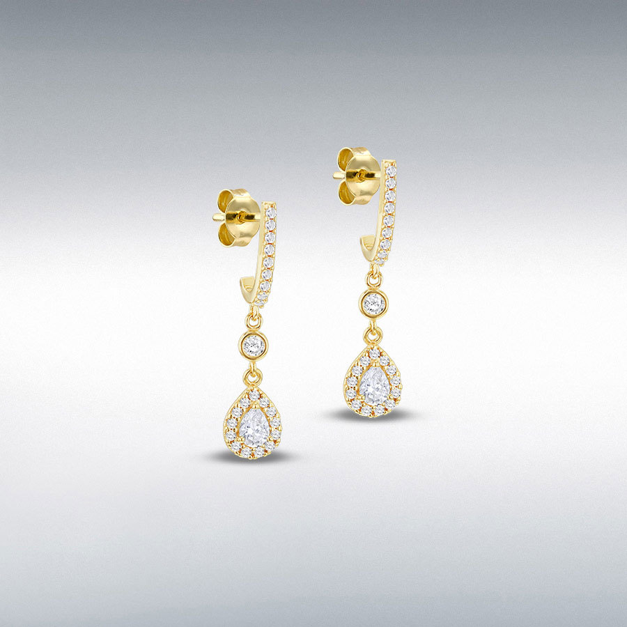 9ct Gold Cubic Zirconia Set Teardrop Halo Cluster Drop Earrings