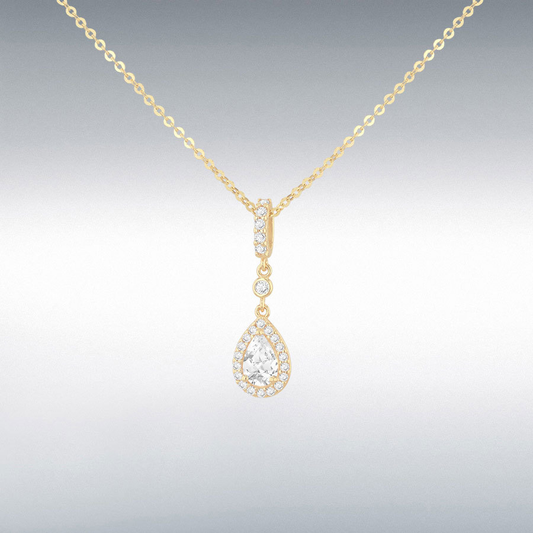 9ct Gold Cubic Zirconia Set Teardrop Halo Cluster Pendant Necklace