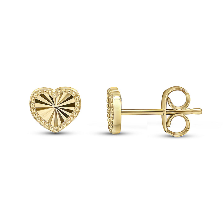 9ct Gold Diamond Cut Beaded Edge Heart Stud Earrings (6.5mm)
