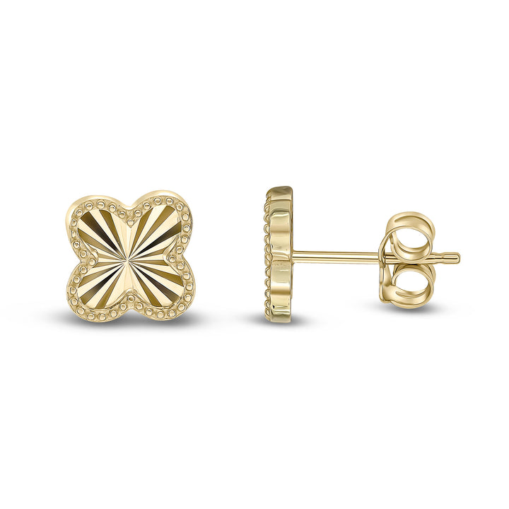 9ct Gold Diamond Cut Quatrefoil Beaded Edge Four Leaf Clover Stud Earrings