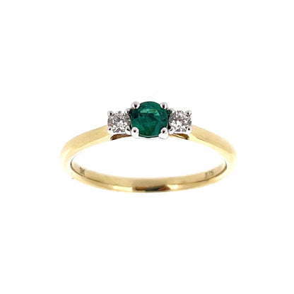 9ct Gold Emerald & Diamond Set Three Stone Trilogy Ring