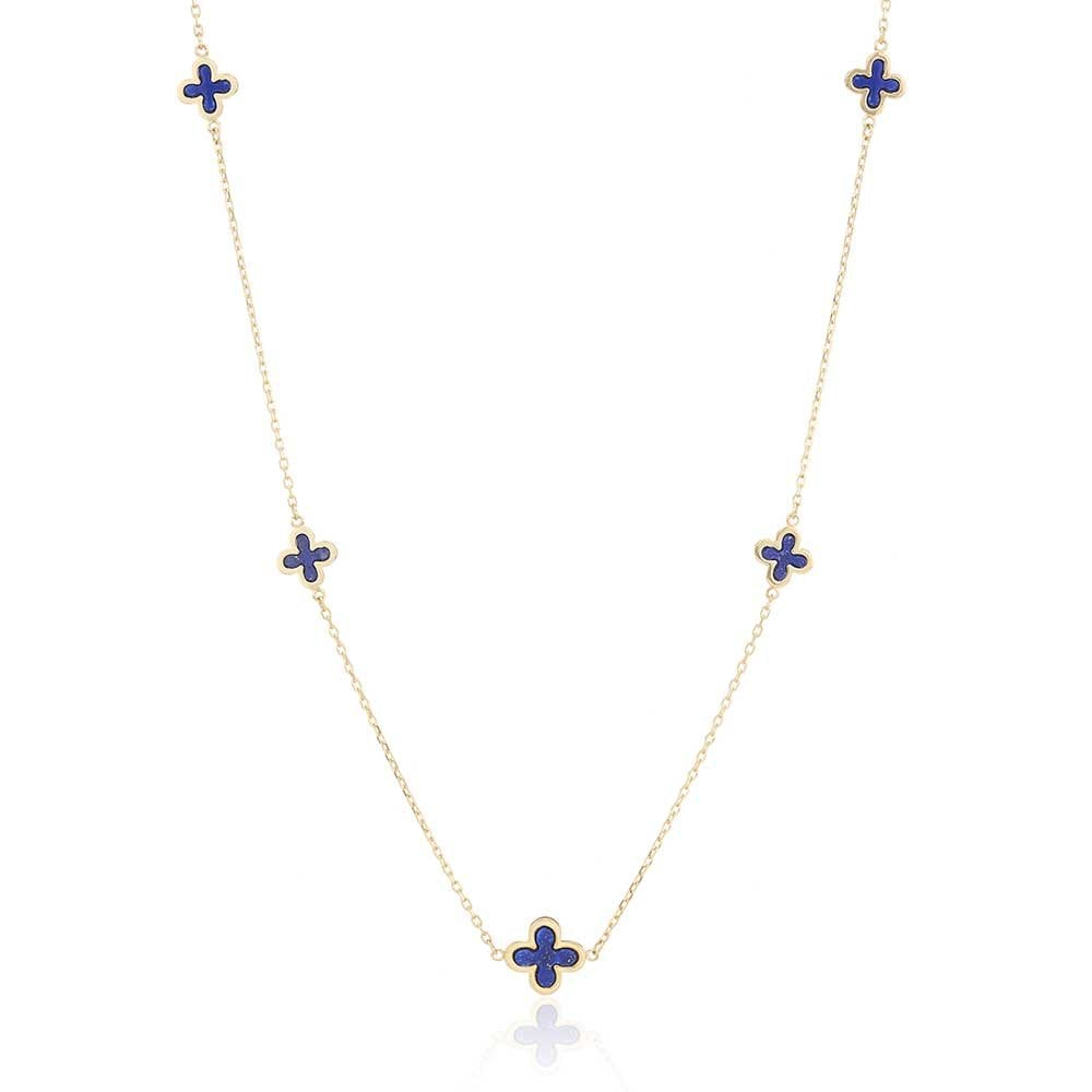 9ct Gold Five Lapis Lazuli Flower Set Quatrefoil Four Leaf Clover Necklace