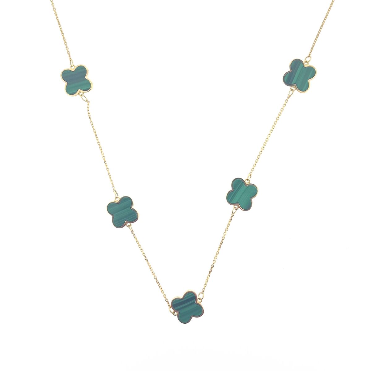 9ct Gold Five Malachite Flower Set Quatrefoil Four Leaf Clover Necklace