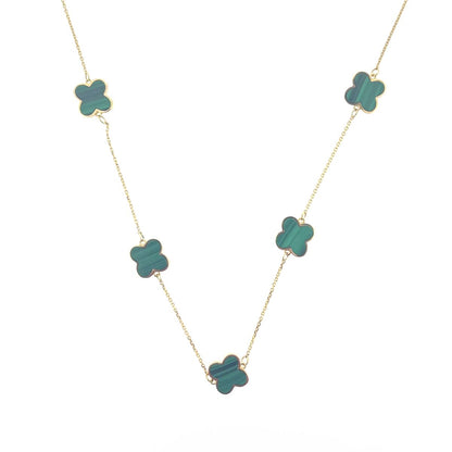 9ct Gold Five Malachite Flower Set Quatrefoil Four Leaf Clover Necklace