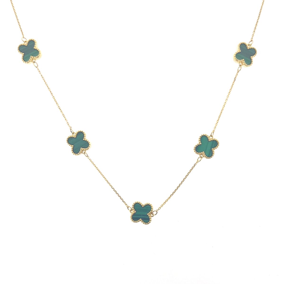 9ct Gold Five Malachite Flower Set Quatrefoil Four Leaf Clover Necklace