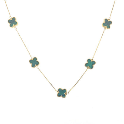 9ct Gold Five Malachite Flower Set Quatrefoil Four Leaf Clover Necklace