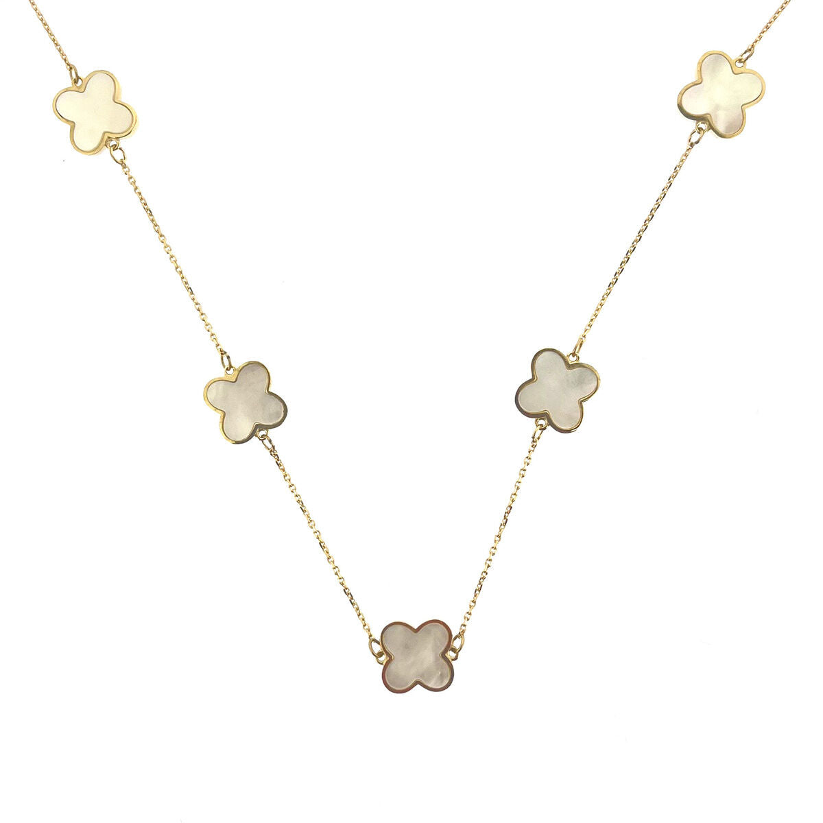 9ct Gold Five Mother of Pearl Flower Set Quatrefoil Four Leaf Clover Necklace