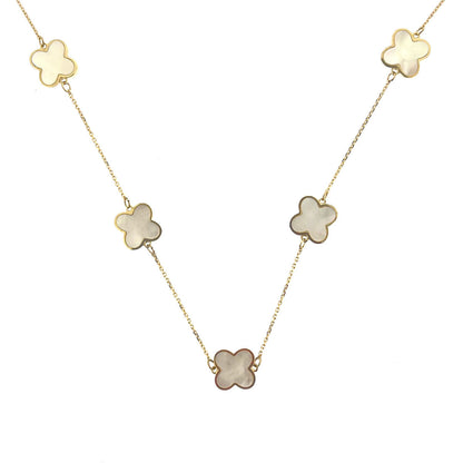 9ct Gold Five Mother of Pearl Flower Set Quatrefoil Four Leaf Clover Necklace