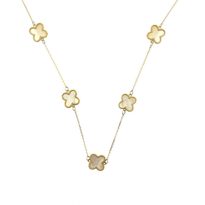 9ct Gold Five Mother of Pearl Flower Set Quatrefoil Four Leaf Clover Necklace