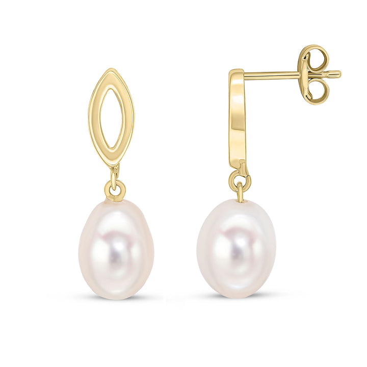 9ct Gold Freshwater Cultured Pearl Set Open Marquise Drop Earrings