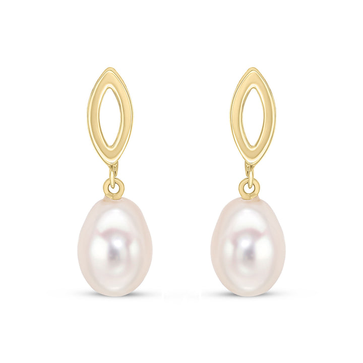 9ct Gold Freshwater Cultured Pearl Set Open Marquise Drop Earrings