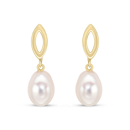 9ct Gold Freshwater Cultured Pearl Set Open Marquise Drop Earrings