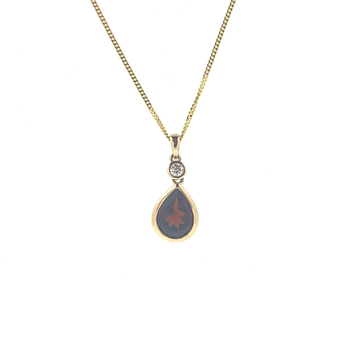 9ct Gold Garnet & Diamond Rubover Set Pendant Necklace