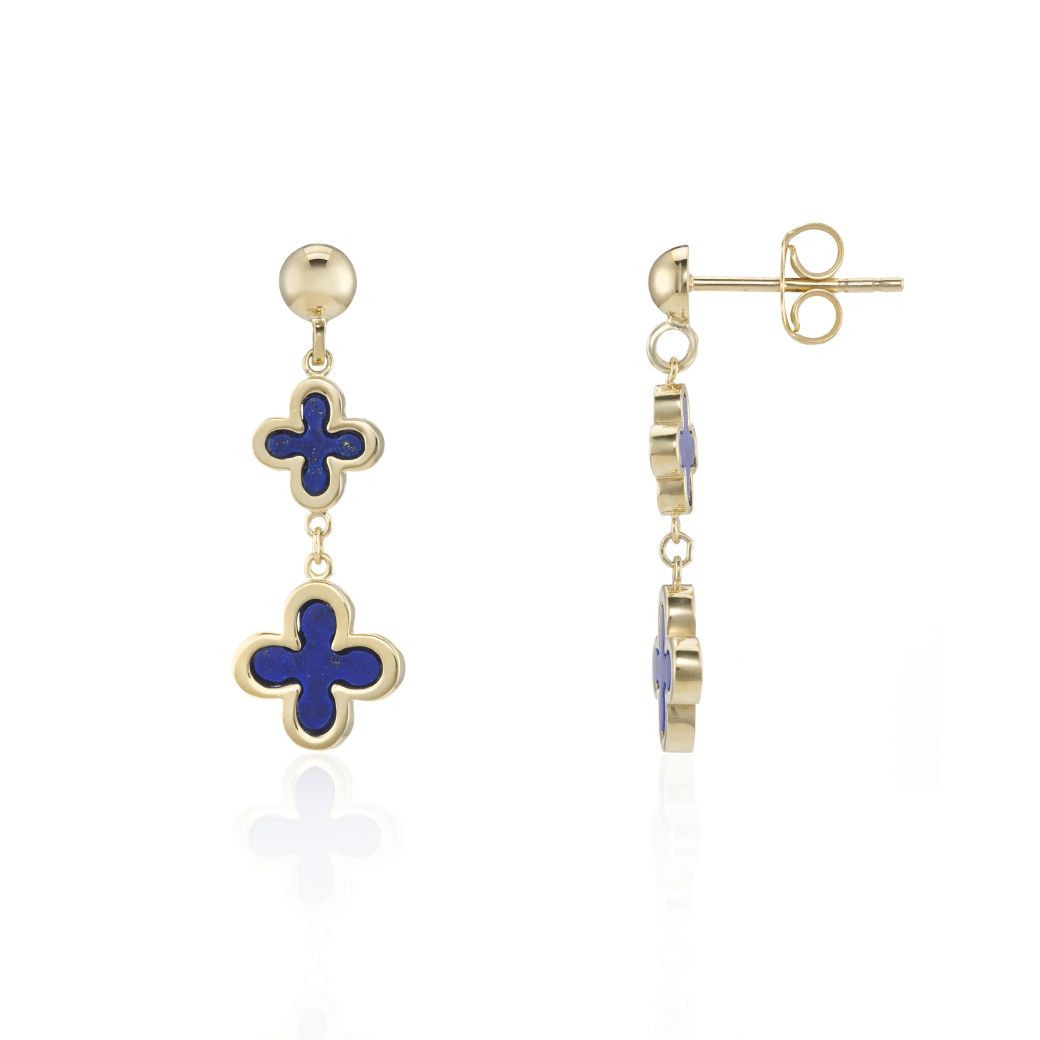 9ct Gold Lapis Lazuli Set Quatrefoil Four Leaf Clover Drop Earrings