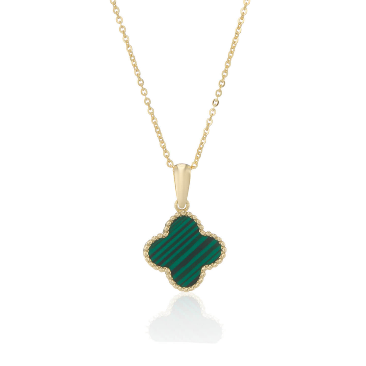 9ct Gold Malachite Set Quatrefoil Beaded Edge Four Leaf Clover Pendant Necklace