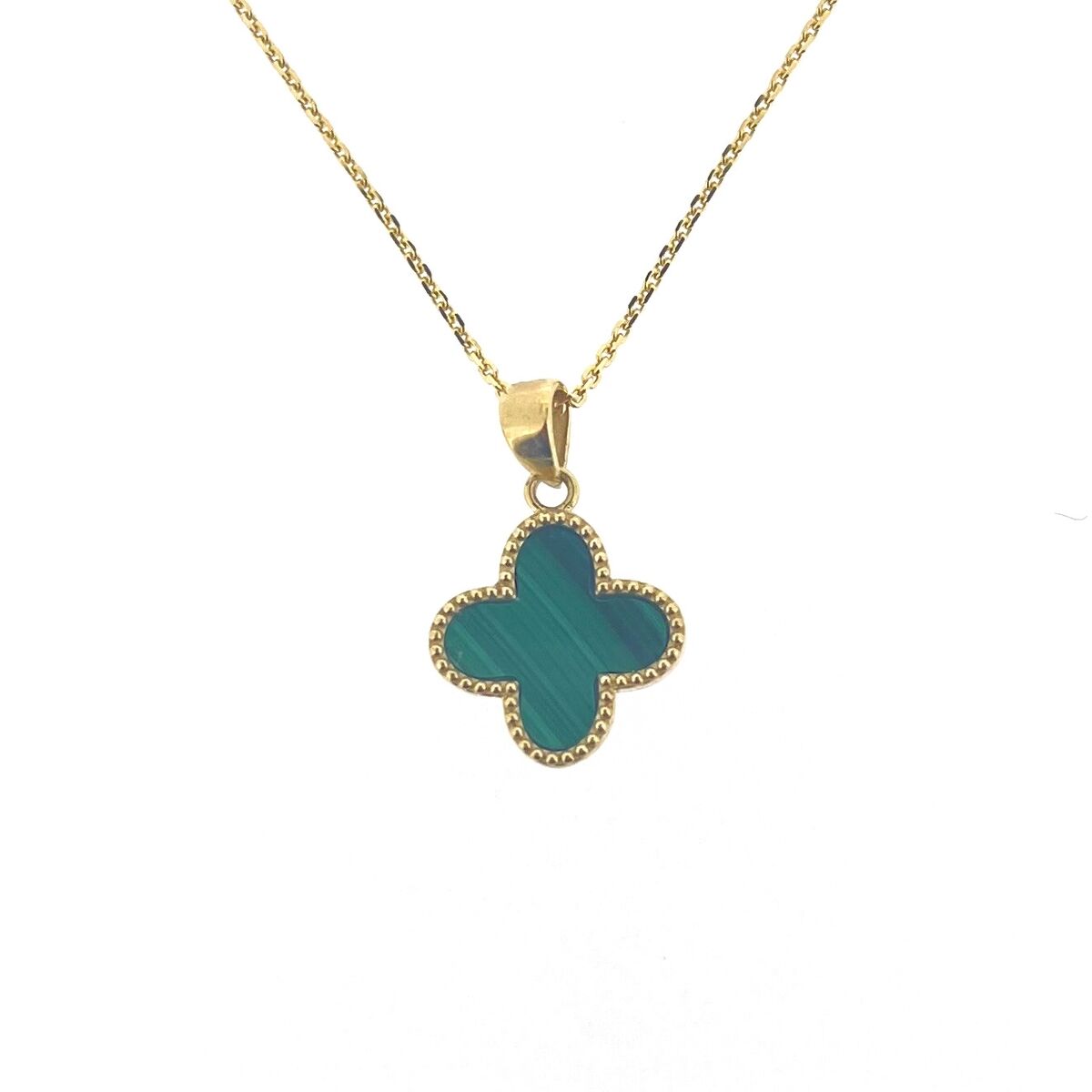 9ct Gold Malachite Set Quatrefoil Beaded Edge Four Leaf Clover Pendant Necklace