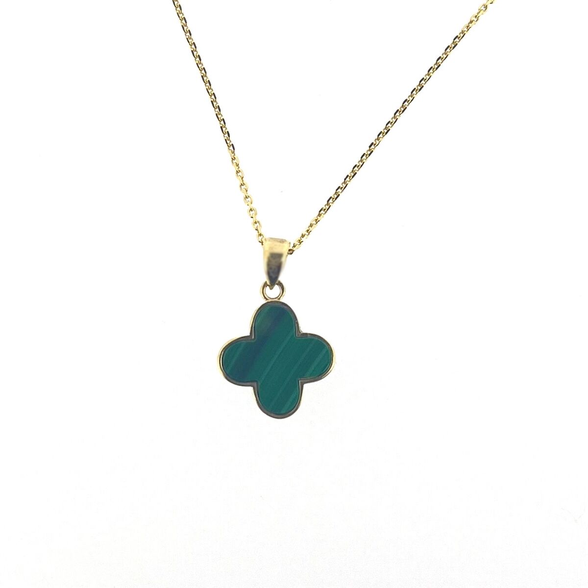 9ct Gold Malachite Set Quatrefoil Beaded Edge Four Leaf Clover Pendant Necklace