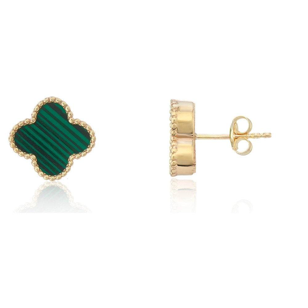 9ct Gold Malachite Set Quatrefoil Beaded Edge Four Leaf Clover Stud Earrings